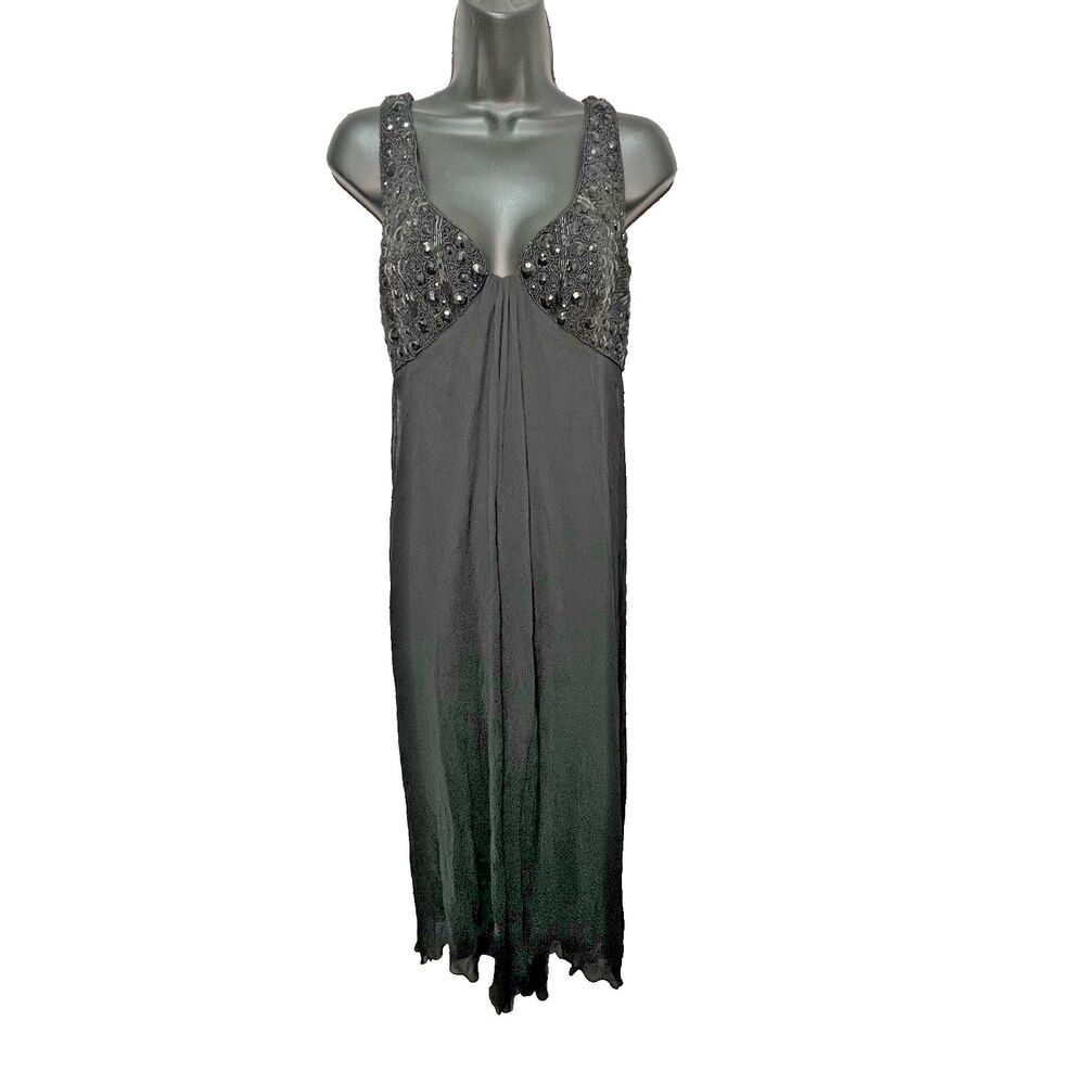 ABS Allen Schwartz Black Silk Beaded Maxi Dress Sleeveless Formal 6 Elegant Glam